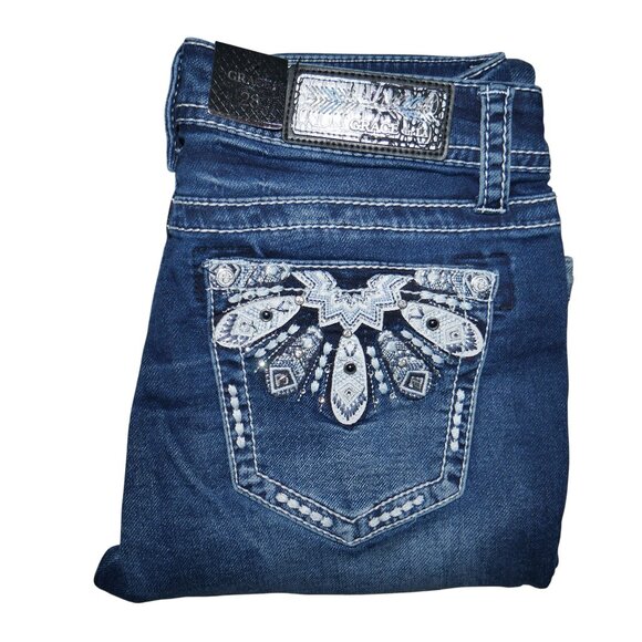 Grace In LA Womens Bootcut Jeans Size 28 x 33 Sequin Feather Embroidered NWT - Picture 1 of 11